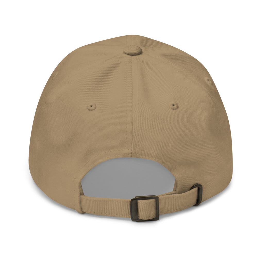 Never Pass a Joker embroidered mahjong dad hat in khaki, back view showing the adjustable strap and buckle