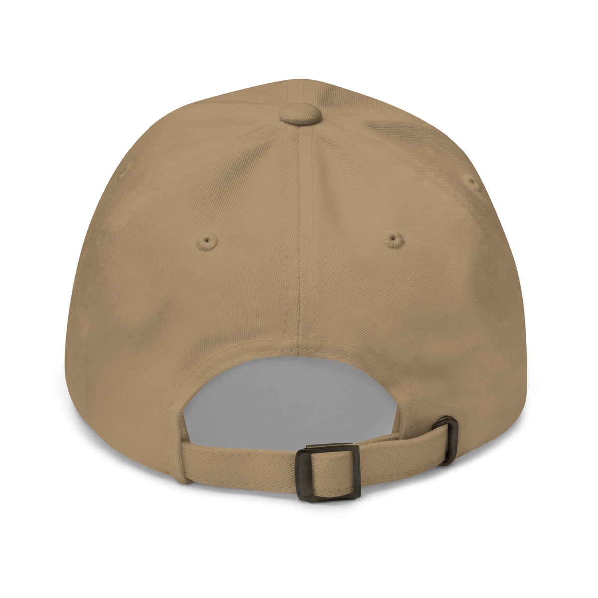 Never Pass a Joker embroidered mahjong dad hat in khaki, back view showing the adjustable strap and buckle