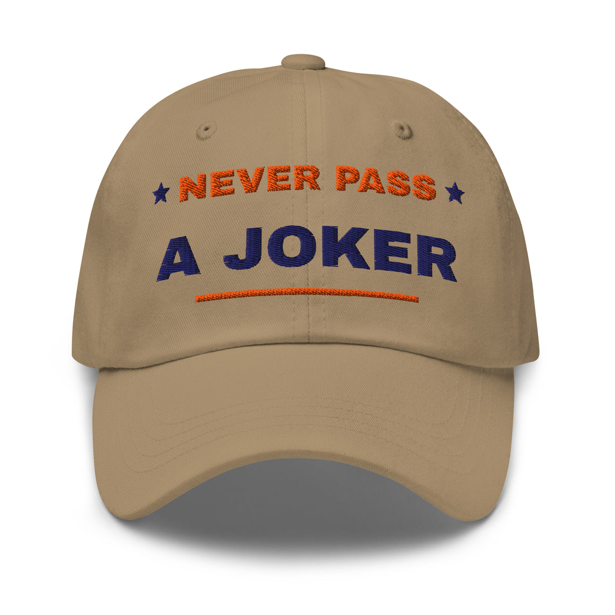 Never Pass a Joker embroidered mahjong dad hat in khaki, front view (terracotta and navy embroidery)