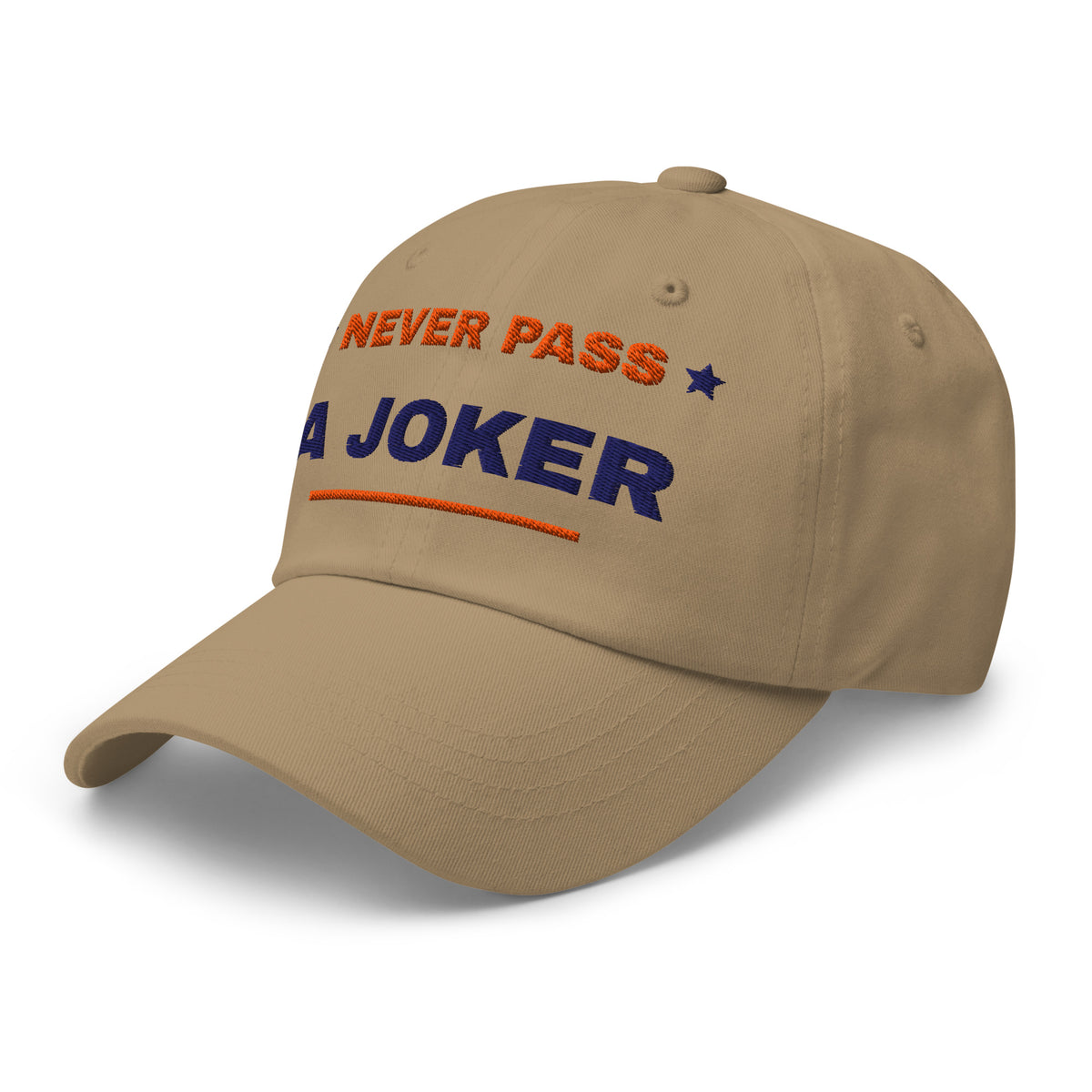 Never Pass a Joker embroidered mahjong dad hat in khaki, three-quarter front view from the left