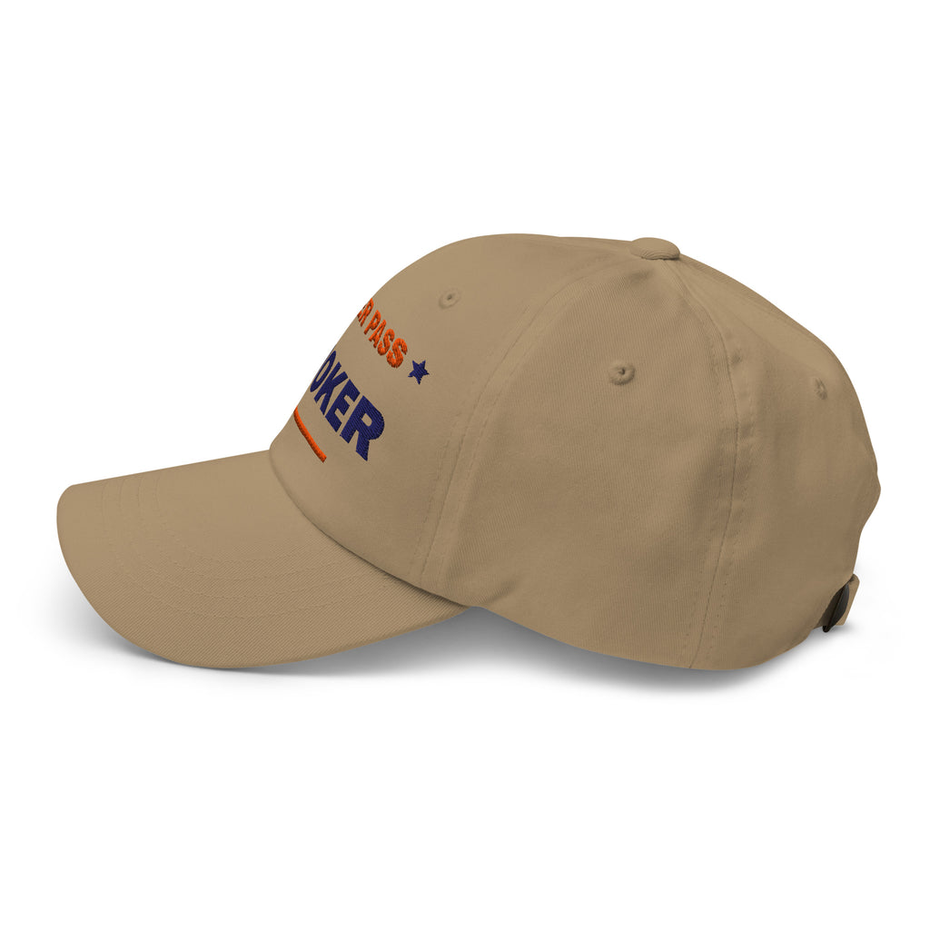 Never Pass a Joker embroidered mahjong dad hat in khaki, left side view