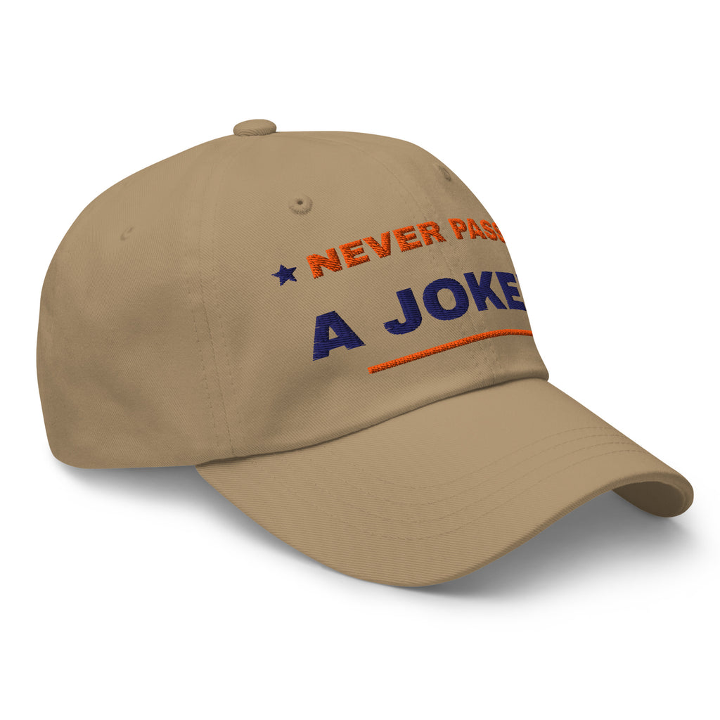 Never Pass a Joker embroidered mahjong dad hat in khaki, three-quarter front view from the right