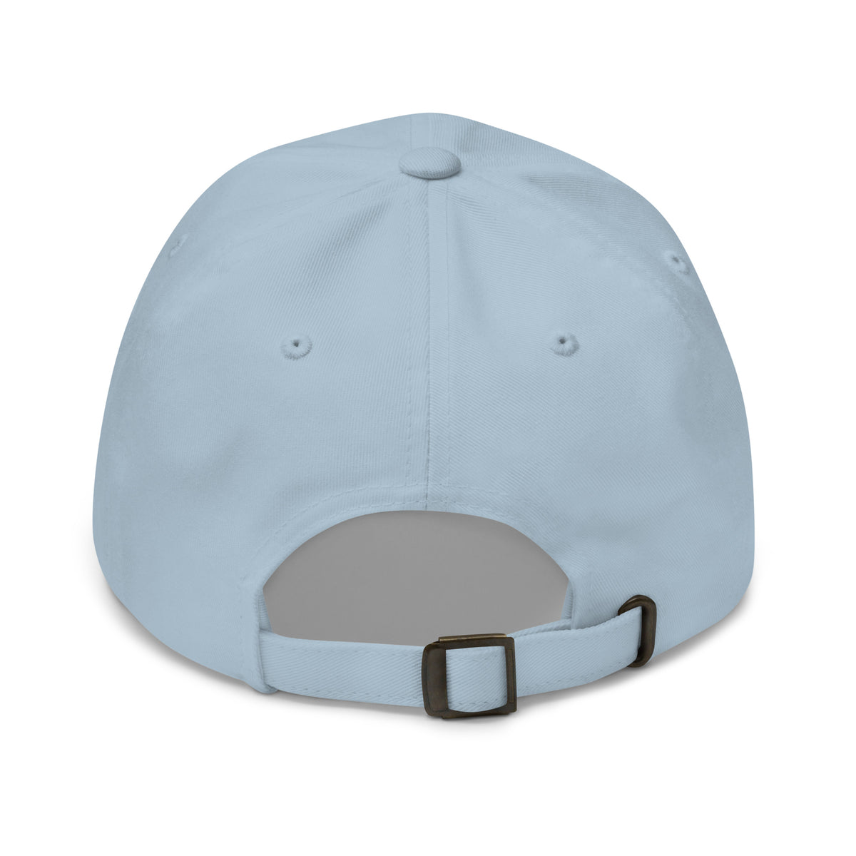 Never Pass a Joker embroidered mahjong dad hat in light blue, back view showing the adjustable strap and buckle