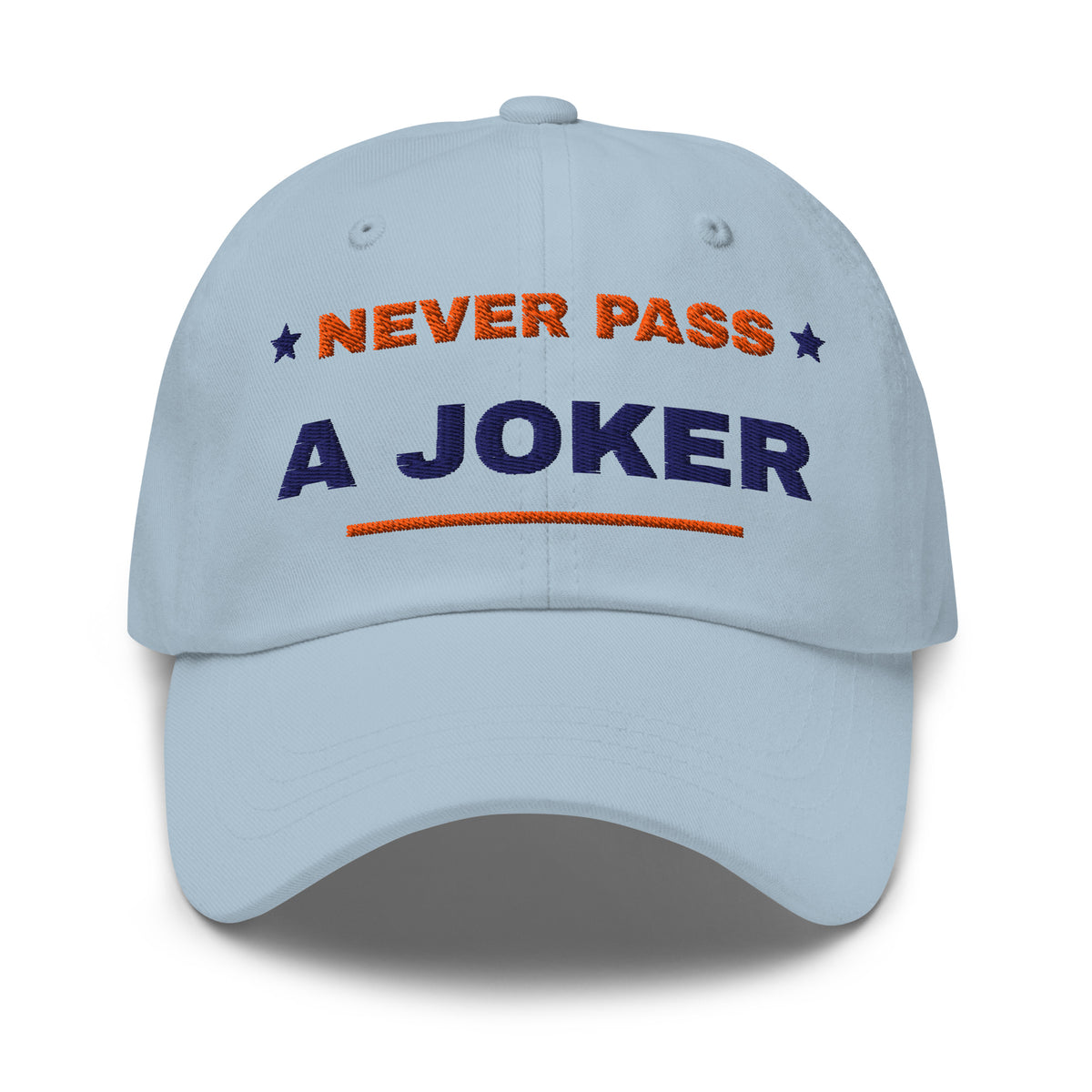 Never Pass a Joker embroidered mahjong dad hat in light blue, front view (terracotta and navy embroidery)