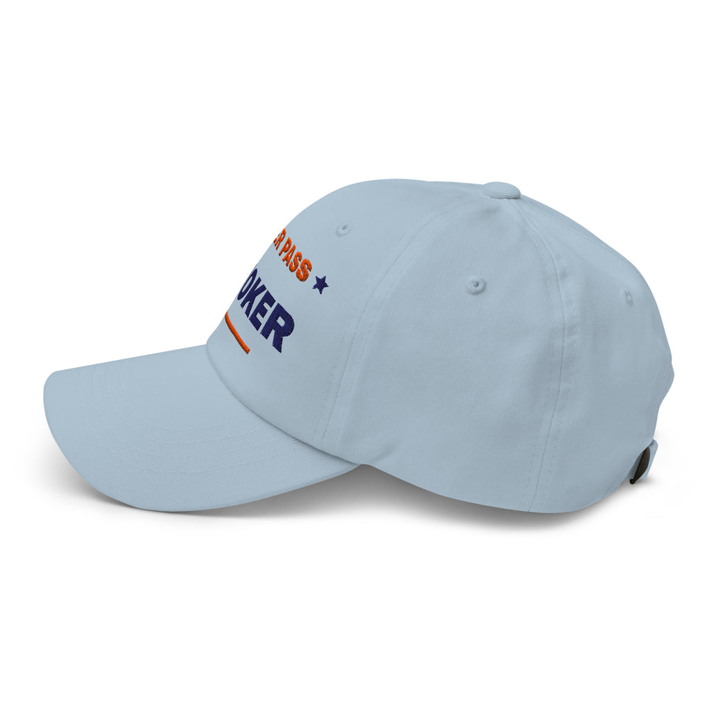Never Pass a Joker embroidered mahjong dad hat in light blue, left side view