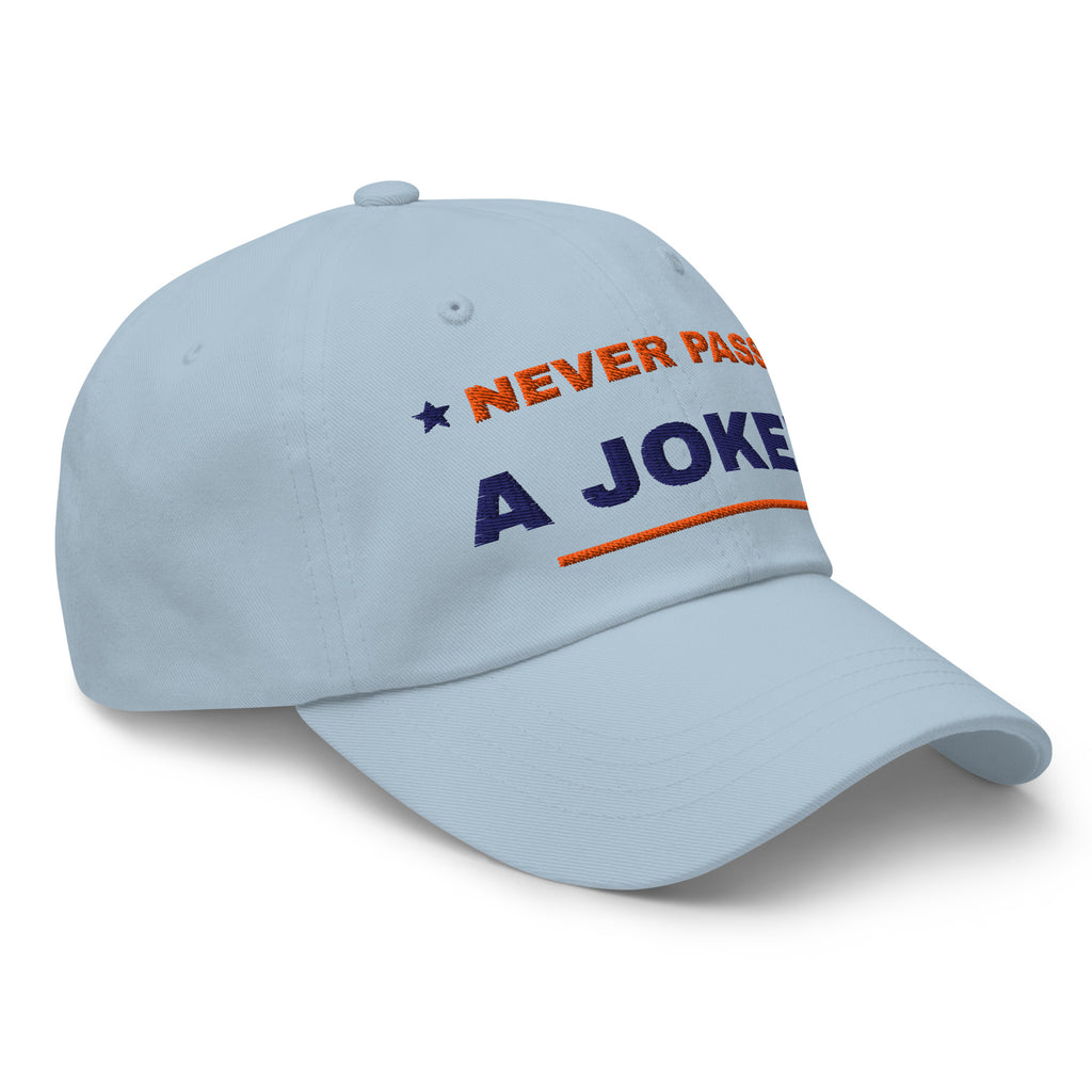 Never Pass a Joker embroidered mahjong dad hat in light blue, three-quarter front view from the right