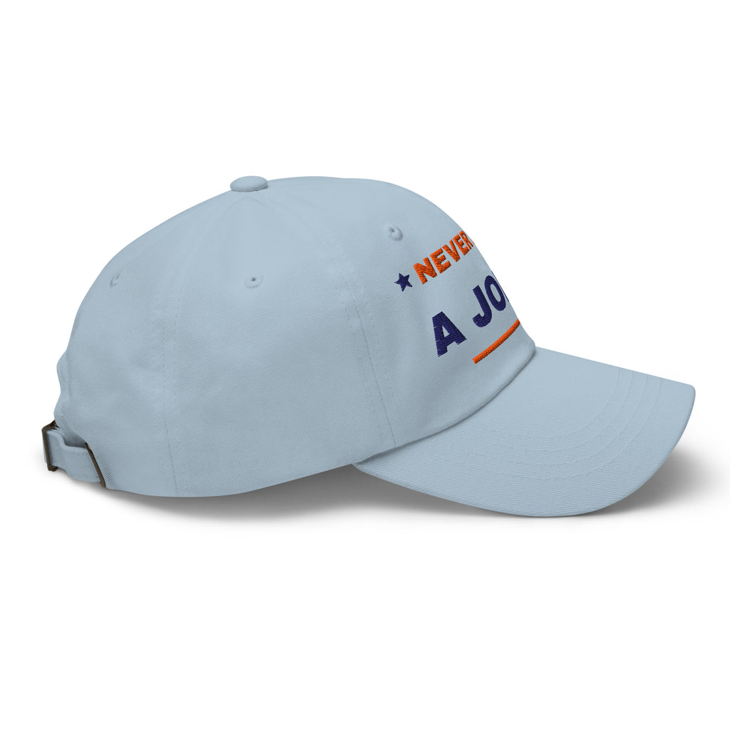Never Pass a Joker embroidered mahjong dad hat in light blue, right side view