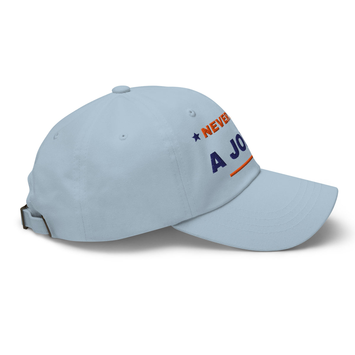 Never Pass a Joker embroidered mahjong dad hat in light blue, right side view