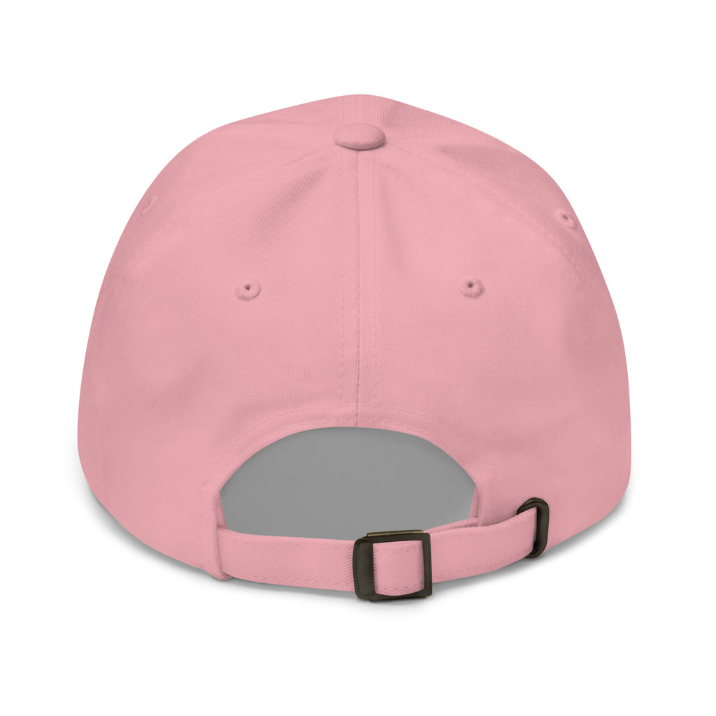 Never Pass a Joker embroidered mahjong dad hat in pink, back view showing the adjustable strap and buckle