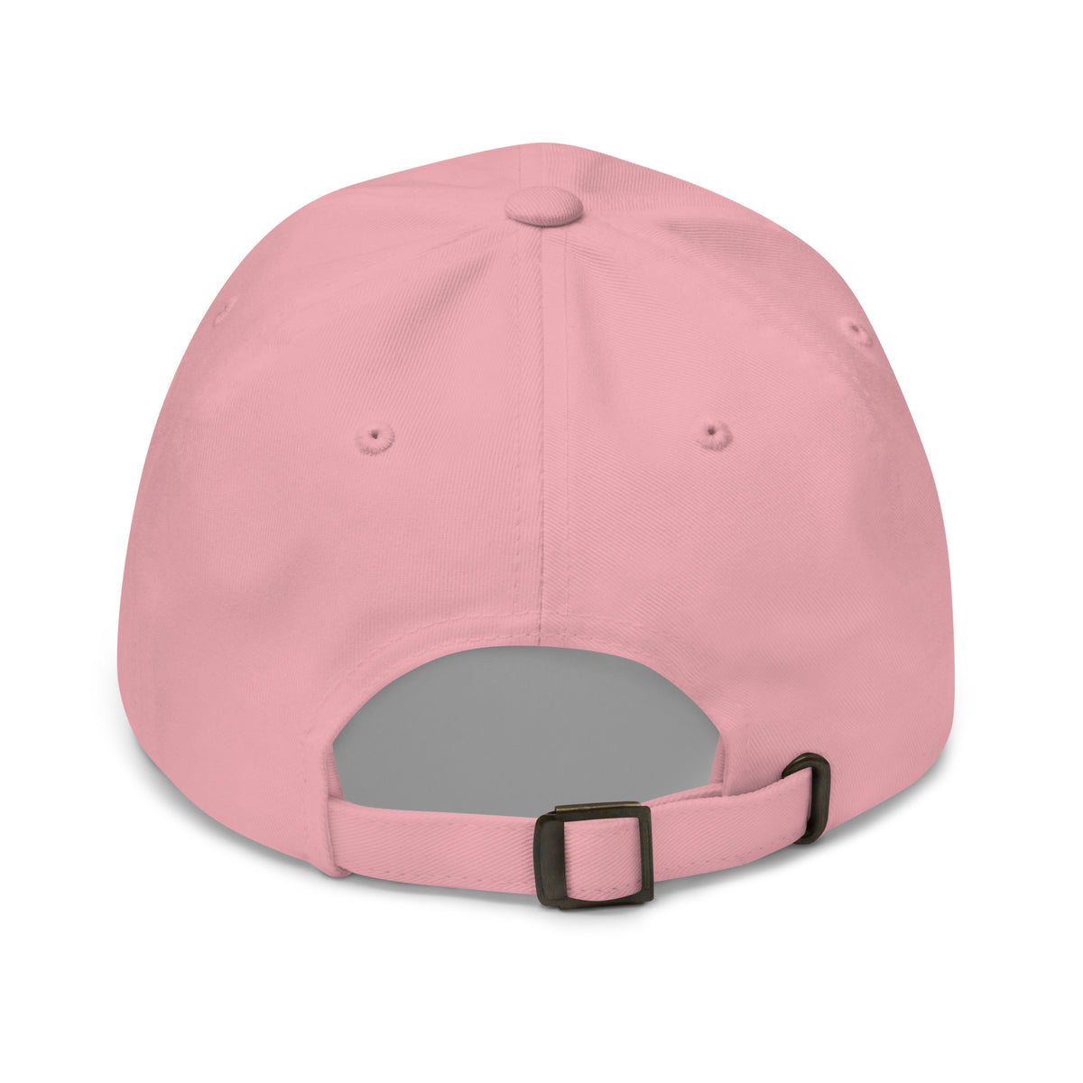 Never Pass a Joker embroidered mahjong dad hat in pink, back view showing the adjustable strap and buckle