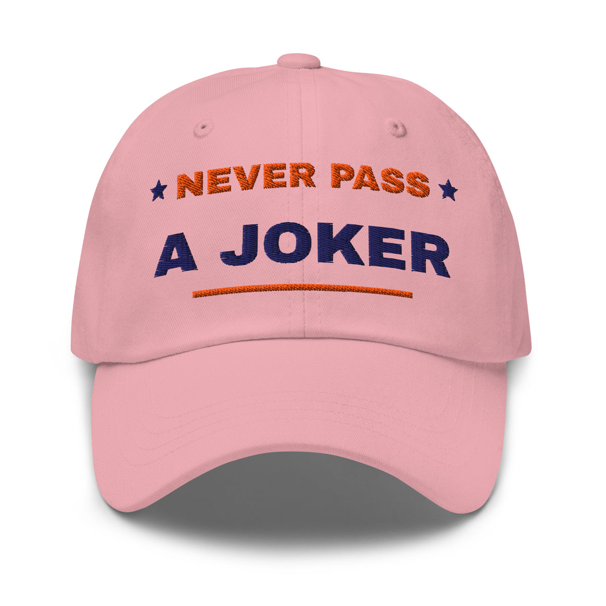Never Pass a Joker embroidered mahjong dad hat in pink, front view (terracotta and navy embroidery)