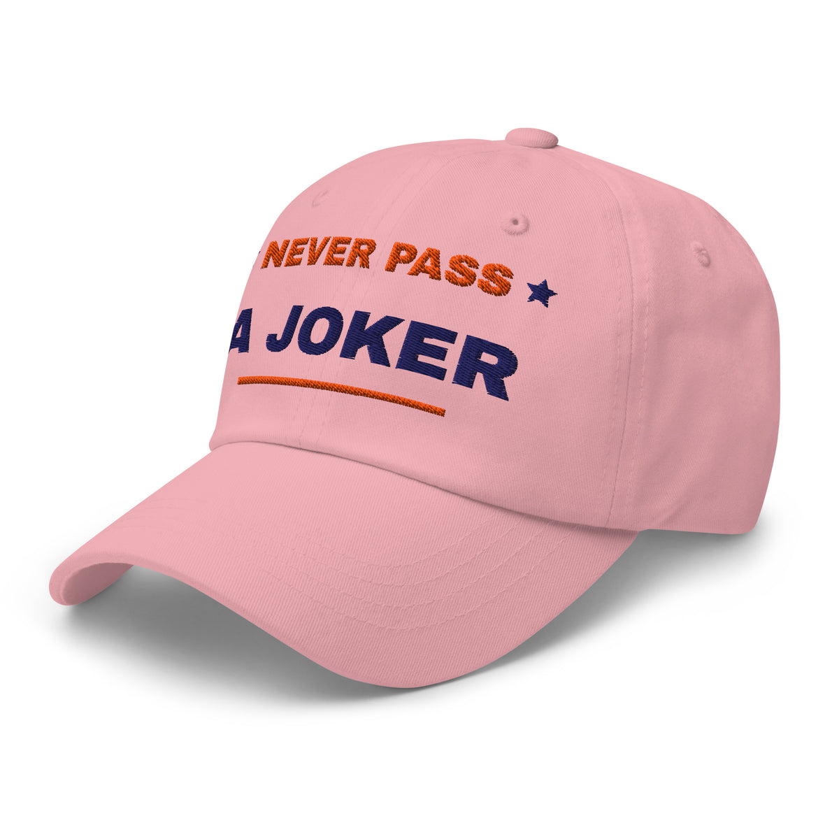Never Pass a Joker embroidered mahjong dad hat in pink, three-quarter front view from the left
