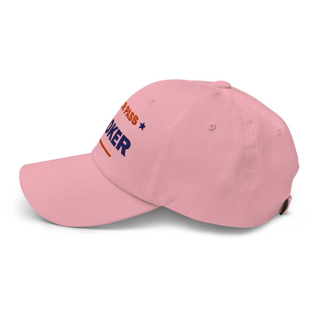 Never Pass a Joker embroidered mahjong dad hat in pink, left side view
