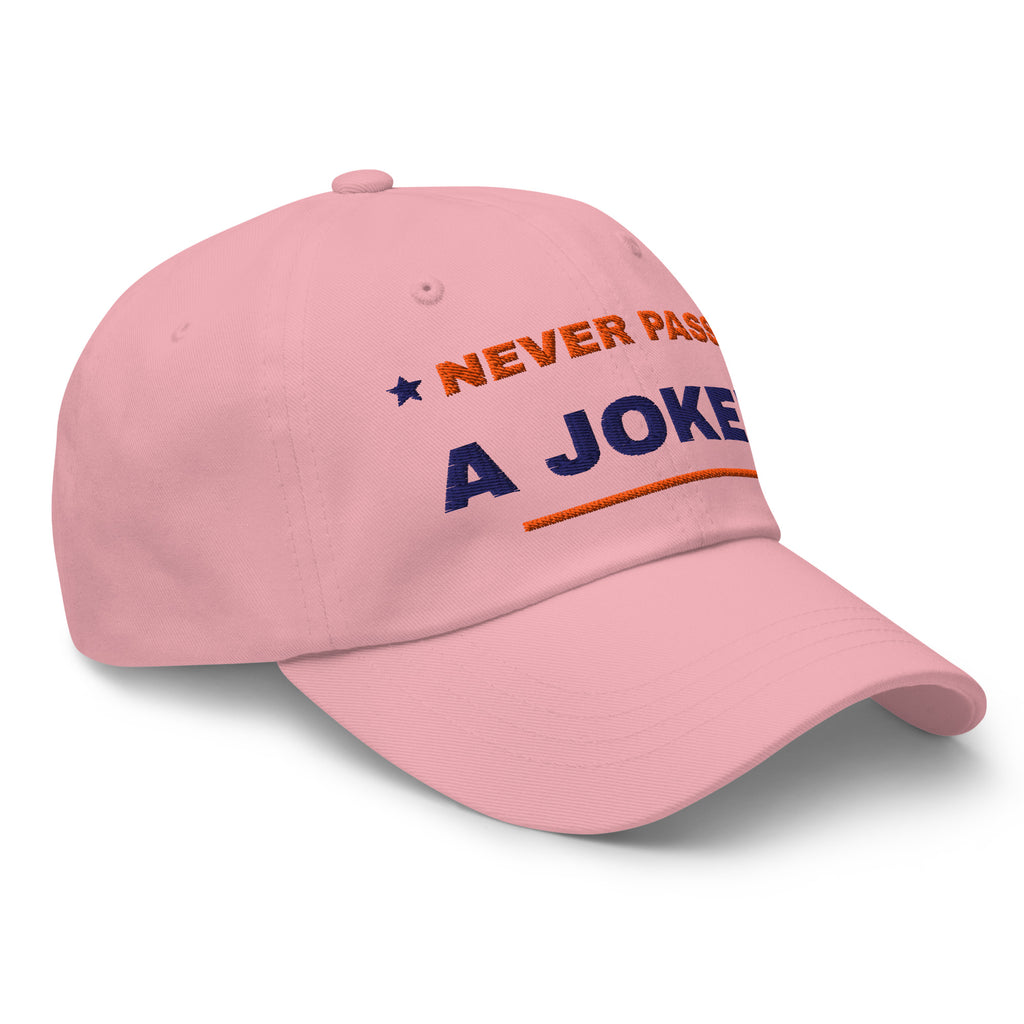 Never Pass a Joker embroidered mahjong dad hat in pink, three-quarter front view from the right