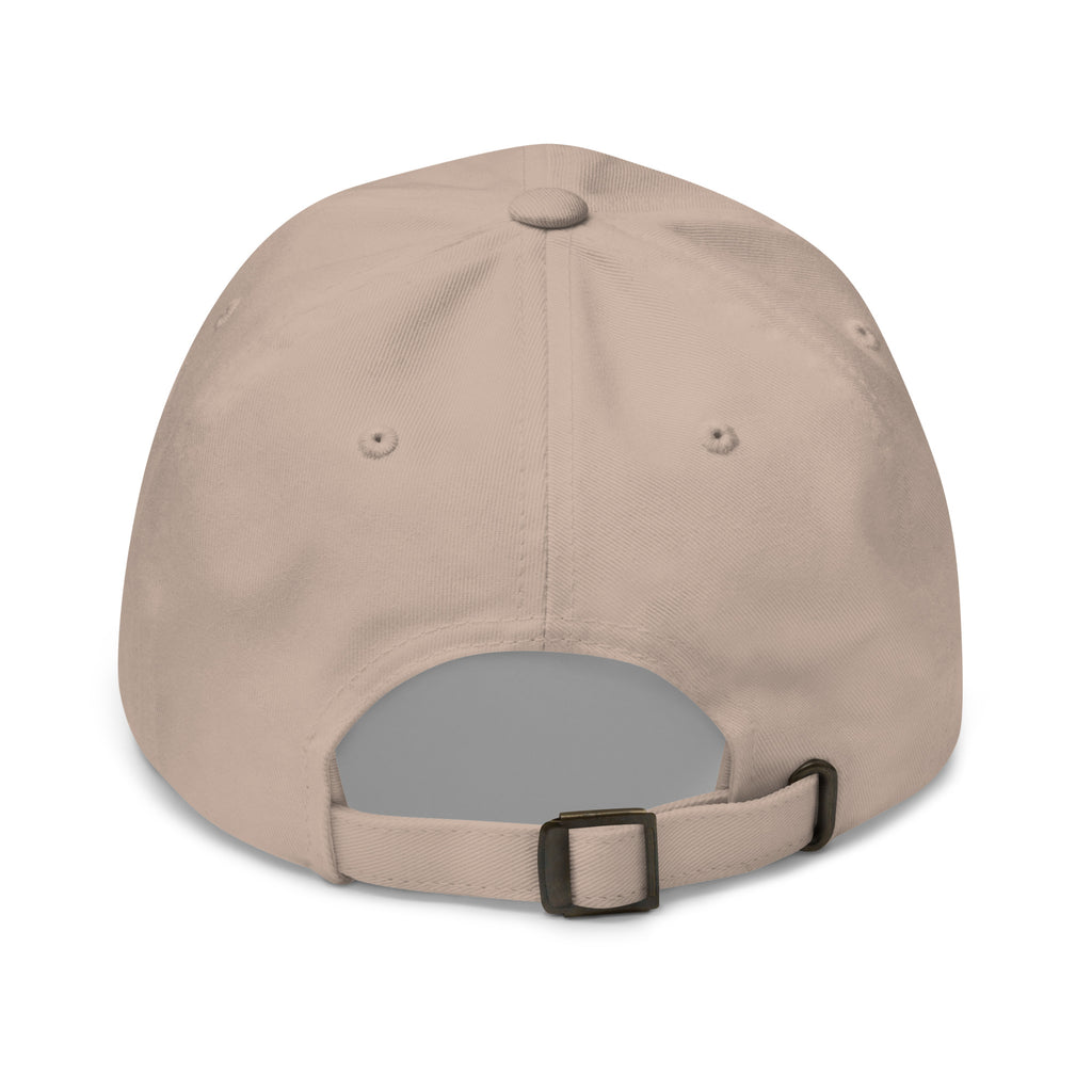 Never Pass a Joker embroidered mahjong dad hat in stone, back view showing the adjustable strap and buckle