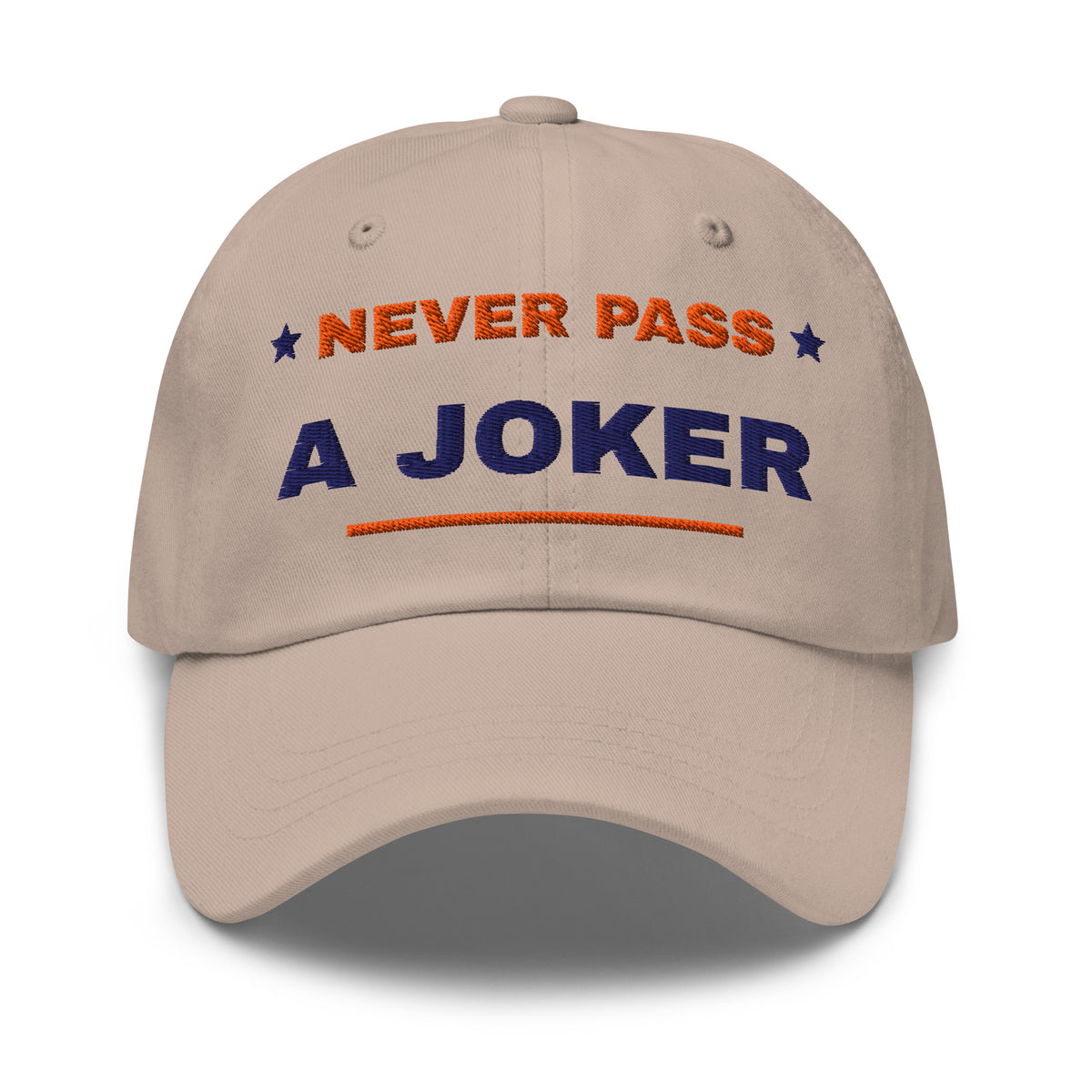 Never Pass a Joker embroidered mahjong dad hat in stone, front view (terracotta and navy embroidery)