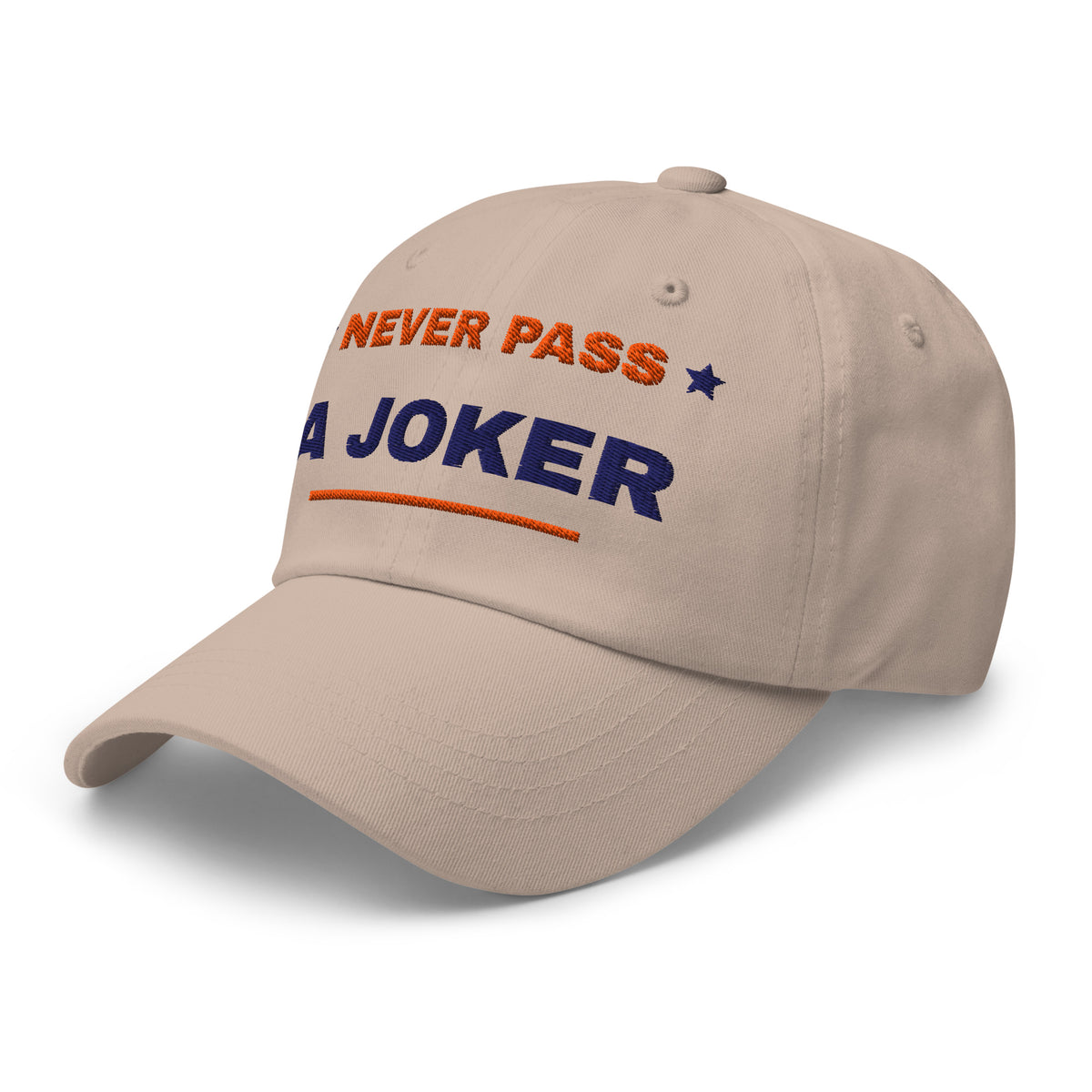 Never Pass a Joker embroidered mahjong dad hat in stone, three-quarter front view from the left