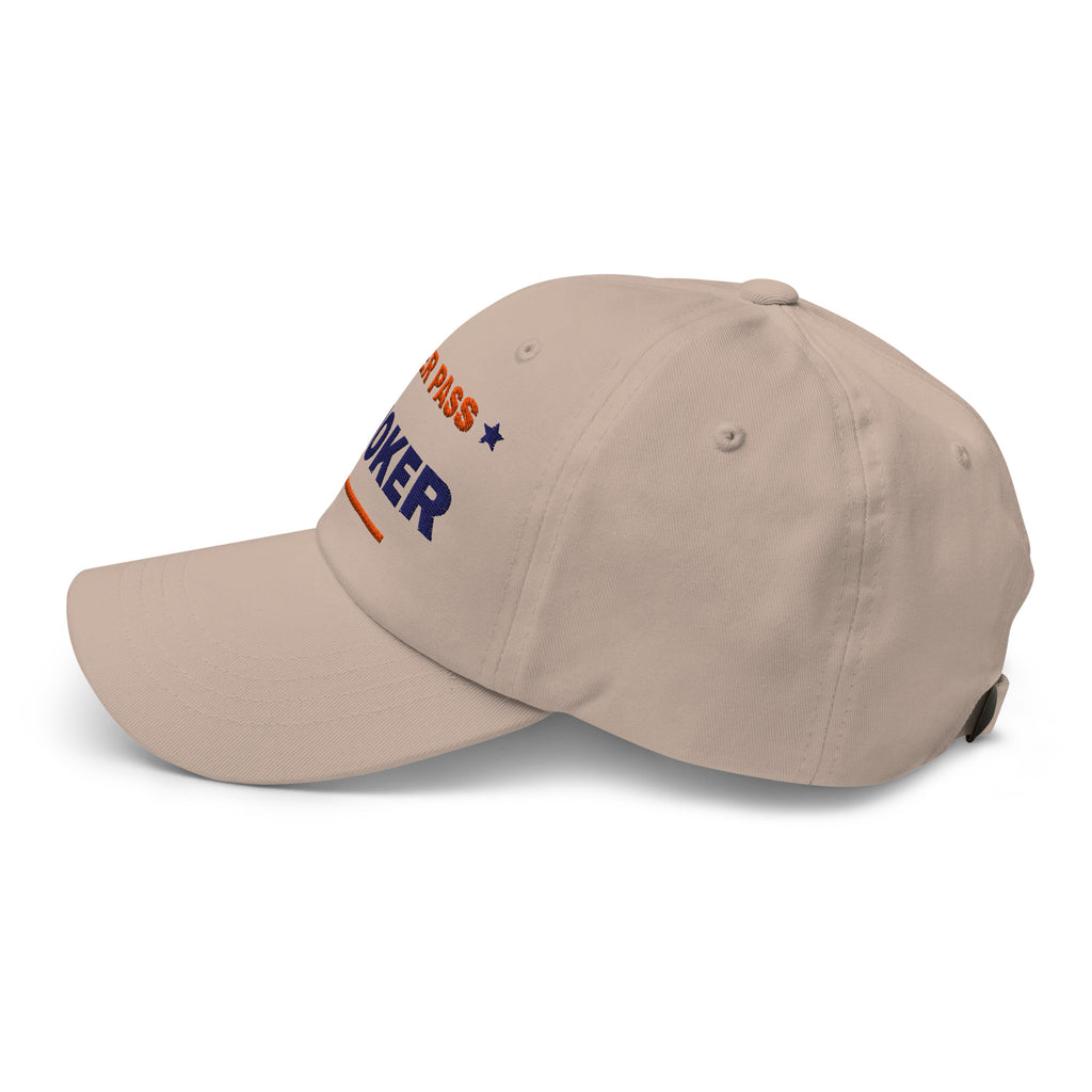 Never Pass a Joker embroidered mahjong dad hat in stone, left side view
