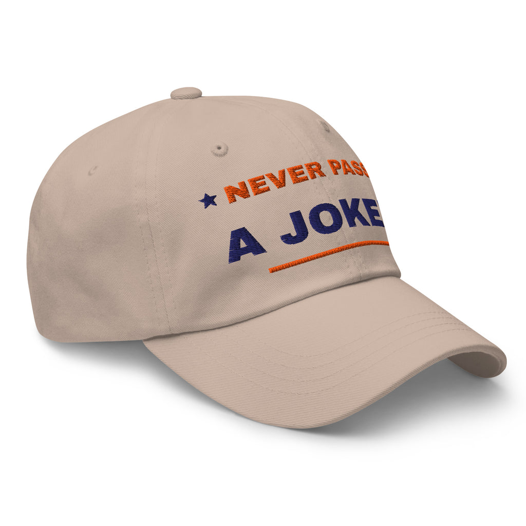 Never Pass a Joker embroidered mahjong dad hat in stone, three-quarter front view from the right