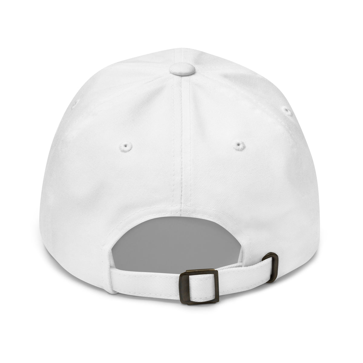 Never Pass a Joker embroidered mahjong dad hat in white, back view showing the adjustable strap and buckle