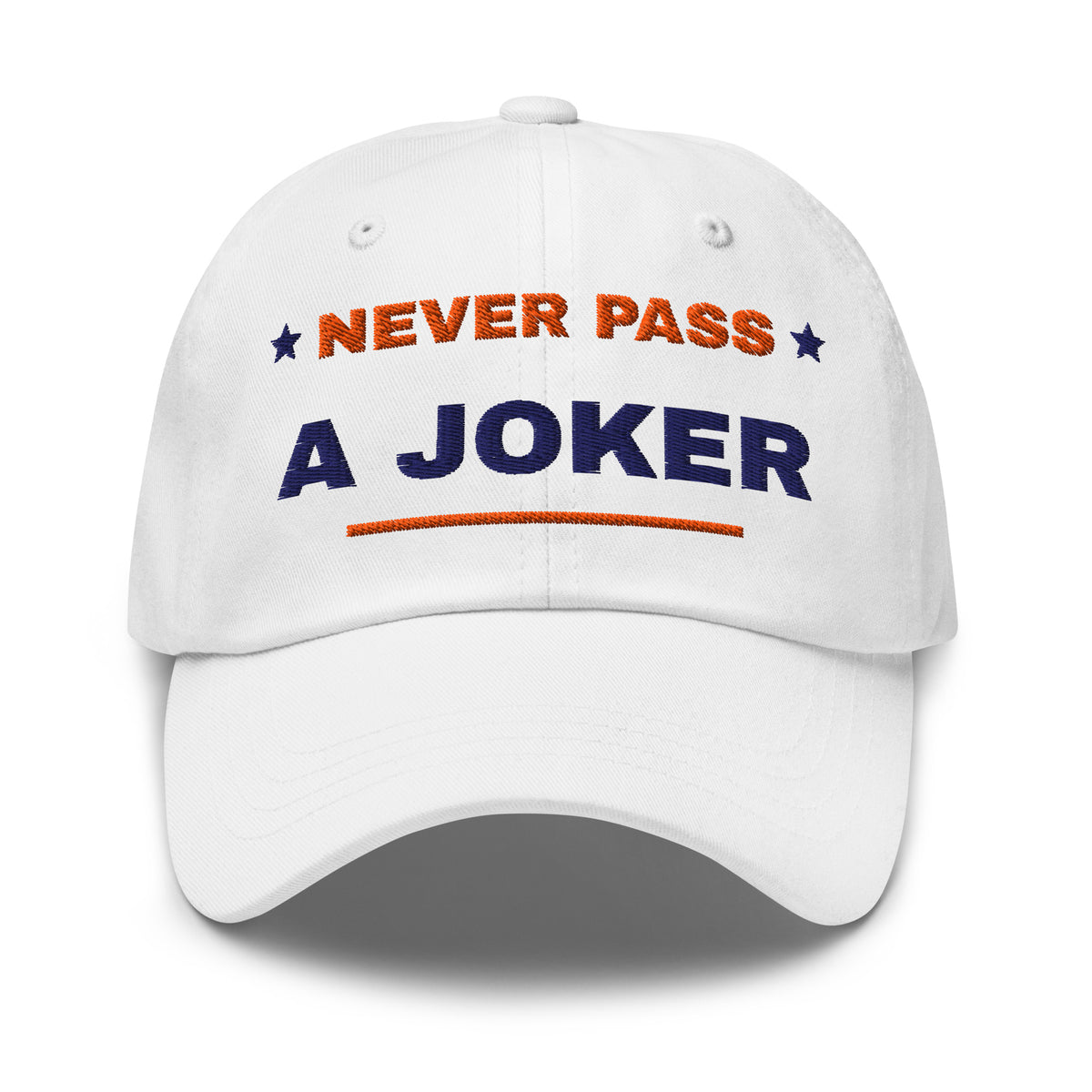 Never Pass a Joker embroidered mahjong dad hat in white, front view (terracotta and navy embroidery)
