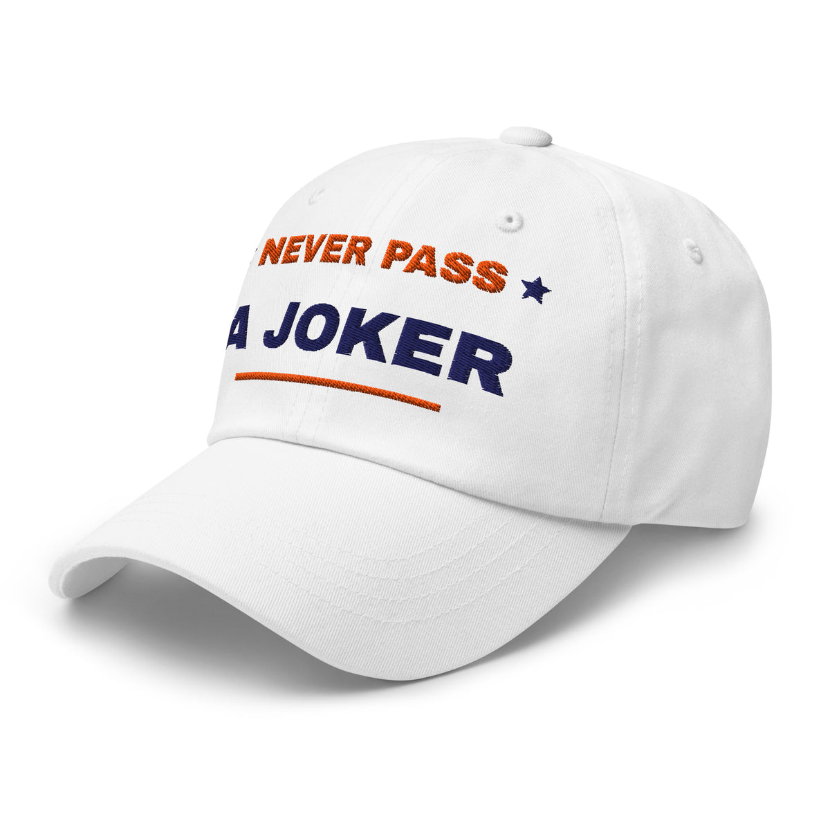 Never Pass a Joker embroidered mahjong dad hat in white, three-quarter front view from the left