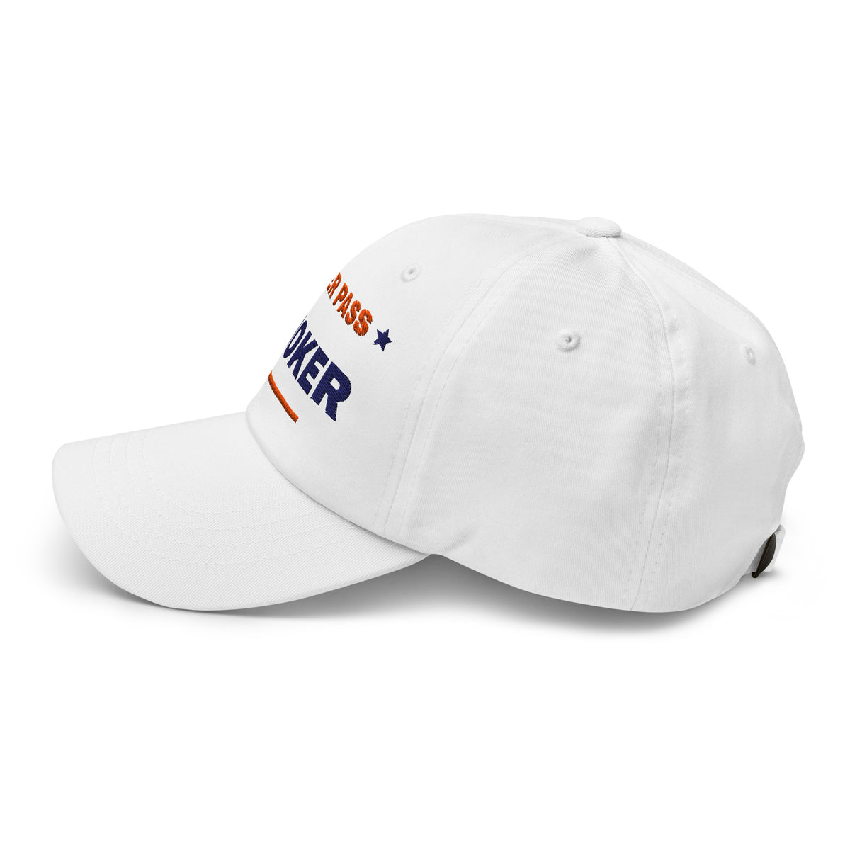 Never Pass a Joker embroidered mahjong dad hat in white, left side view