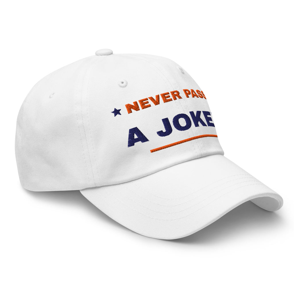 Never Pass a Joker embroidered mahjong dad hat in white, three-quarter front view from the right