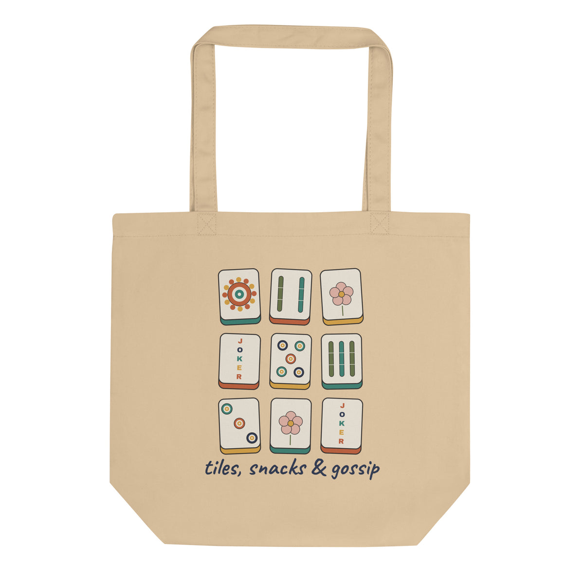 Tiles, Snacks & Gossip mahjong tote bag in natural oyster organic cotton, front, with nine illustrated mahjong tiles