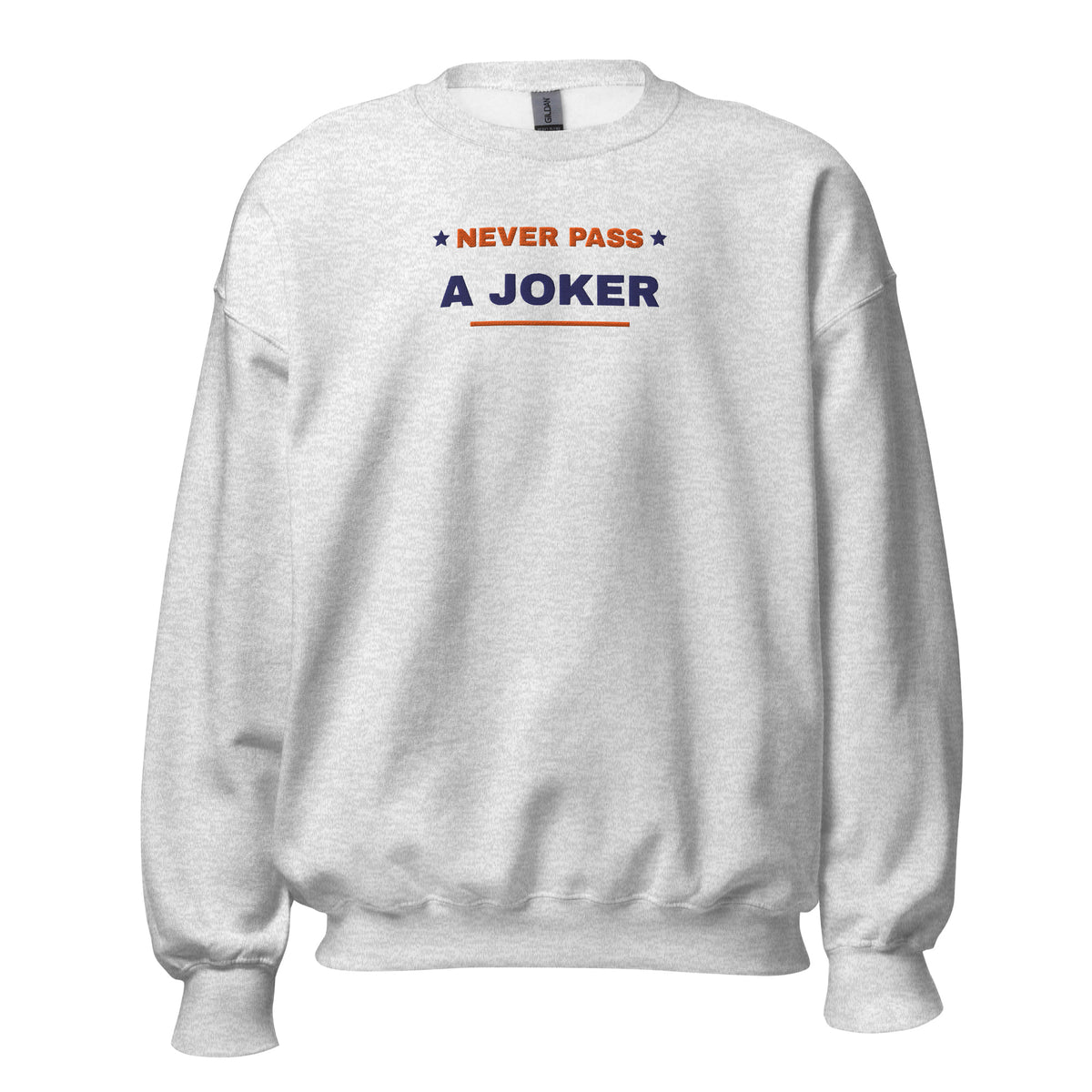 Never Pass a Joker embroidered mahjong sweatshirt in Ash, front view