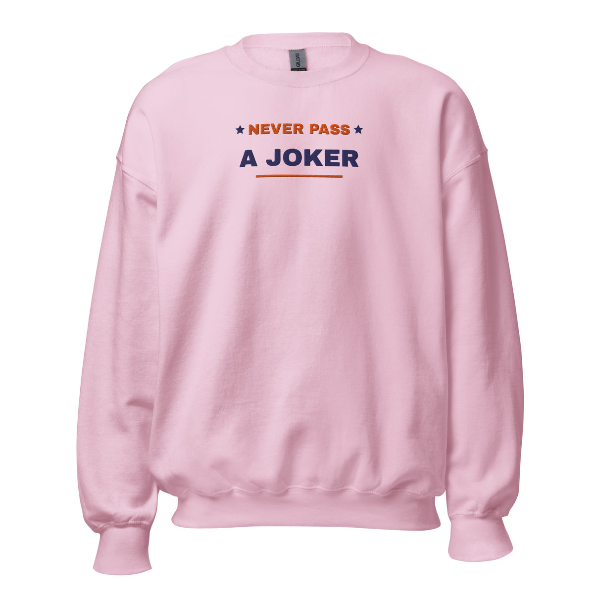 Never Pass a Joker embroidered mahjong sweatshirt in Light Pink, front view