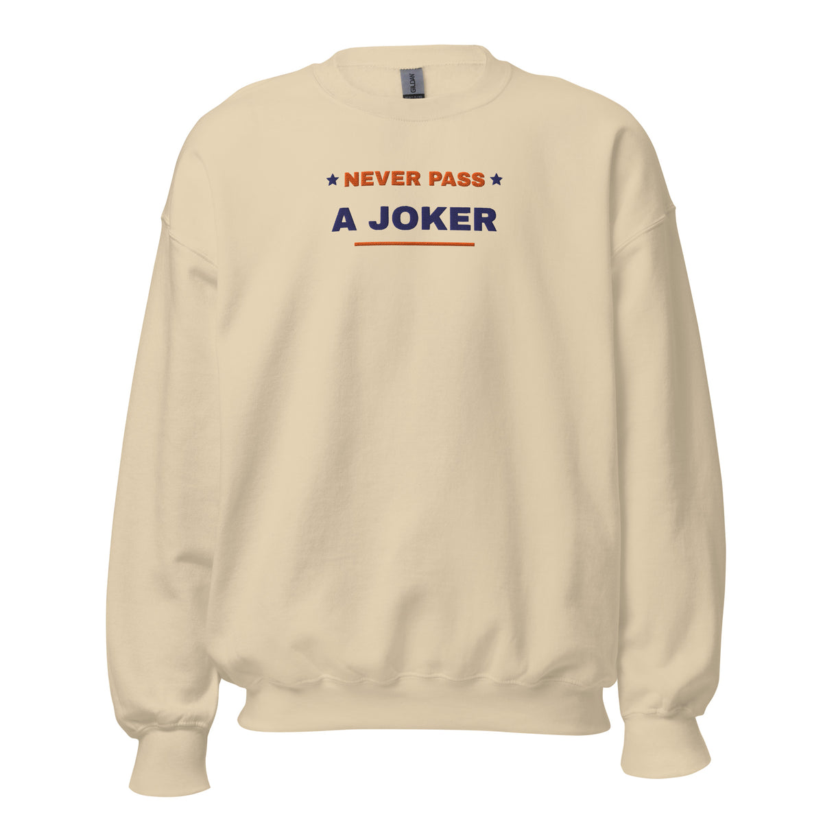 Never Pass a Joker embroidered mahjong sweatshirt in Sand, front view