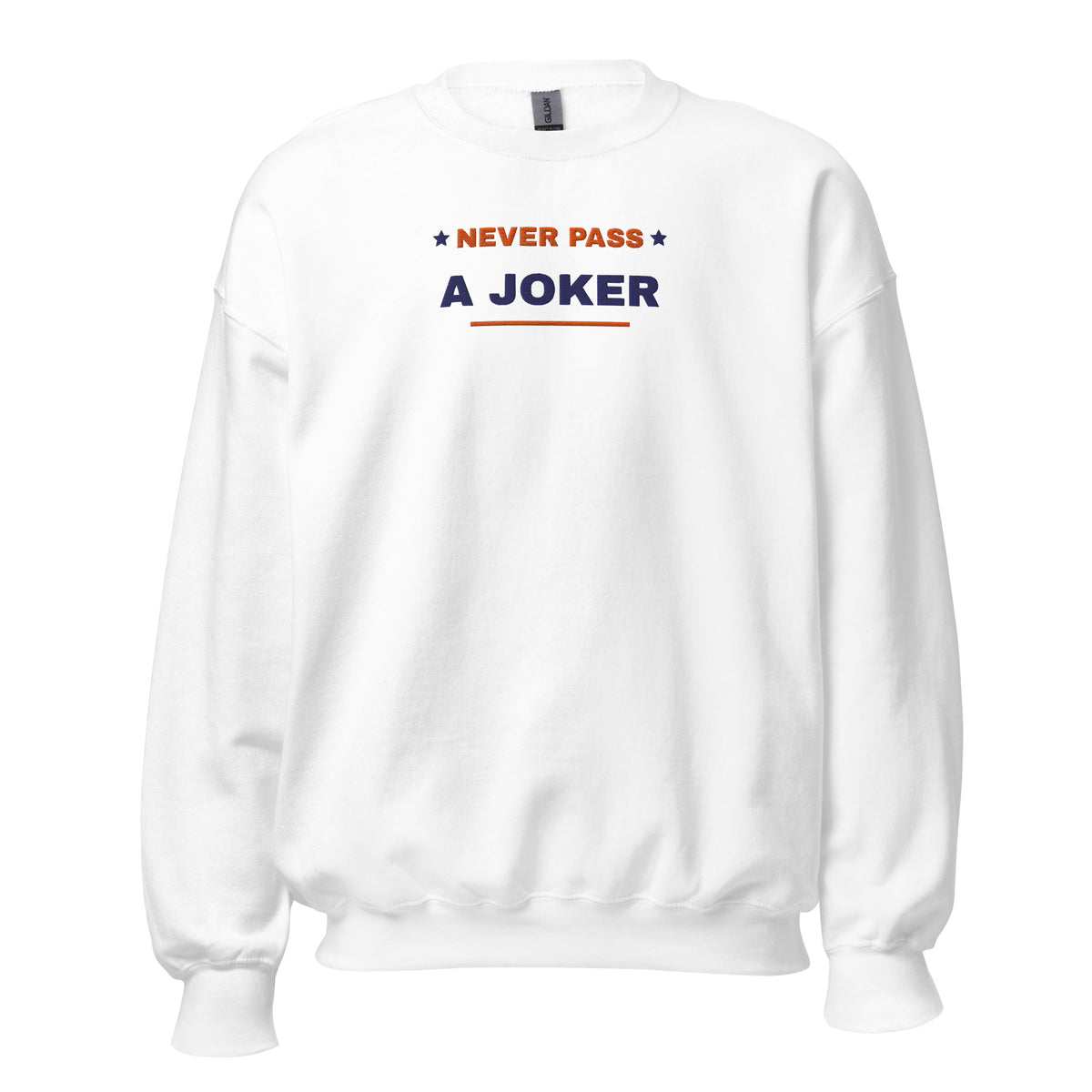 Never Pass a Joker embroidered mahjong sweatshirt in White, front view