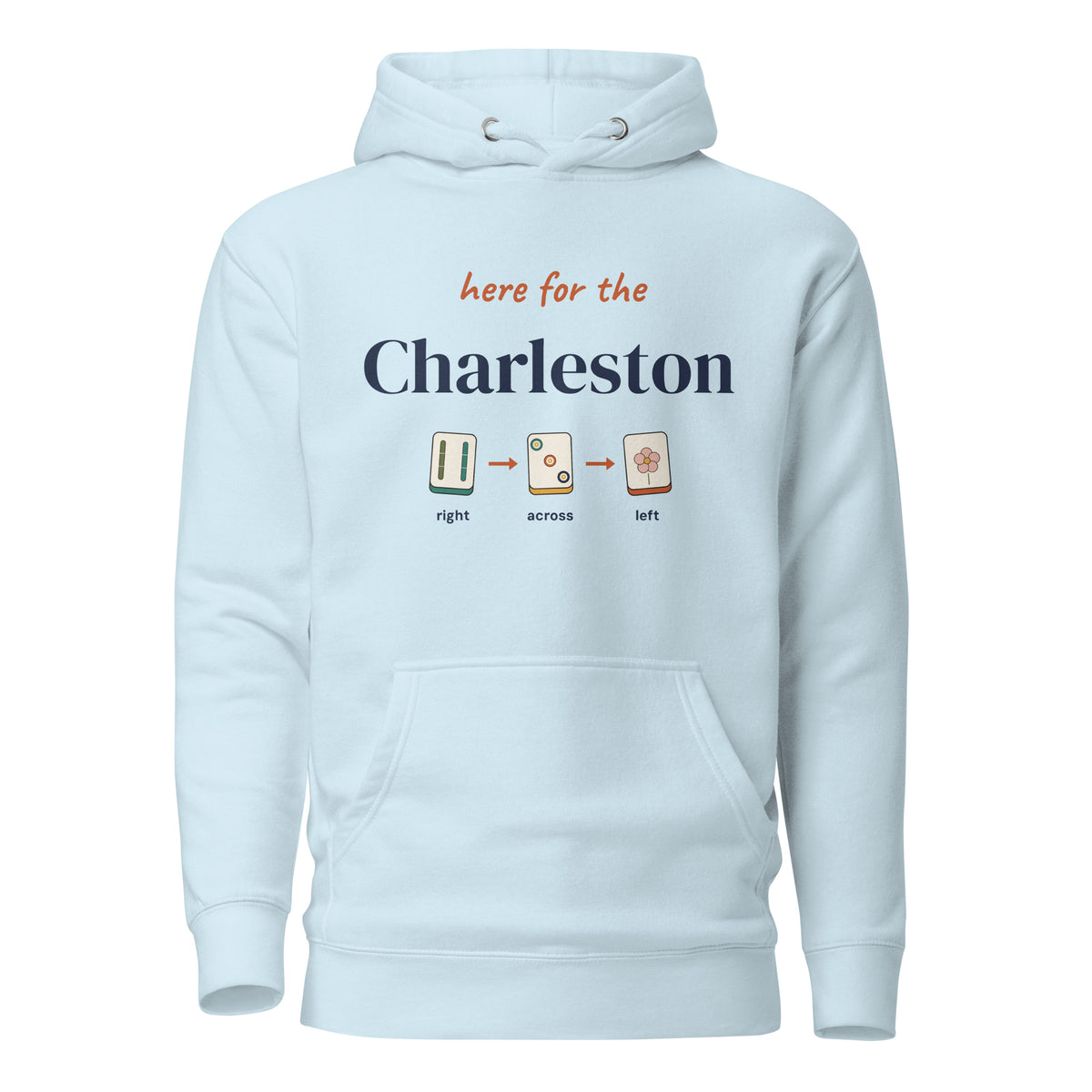 Here for the Charleston mahjong hoodie in Sky Blue, front view