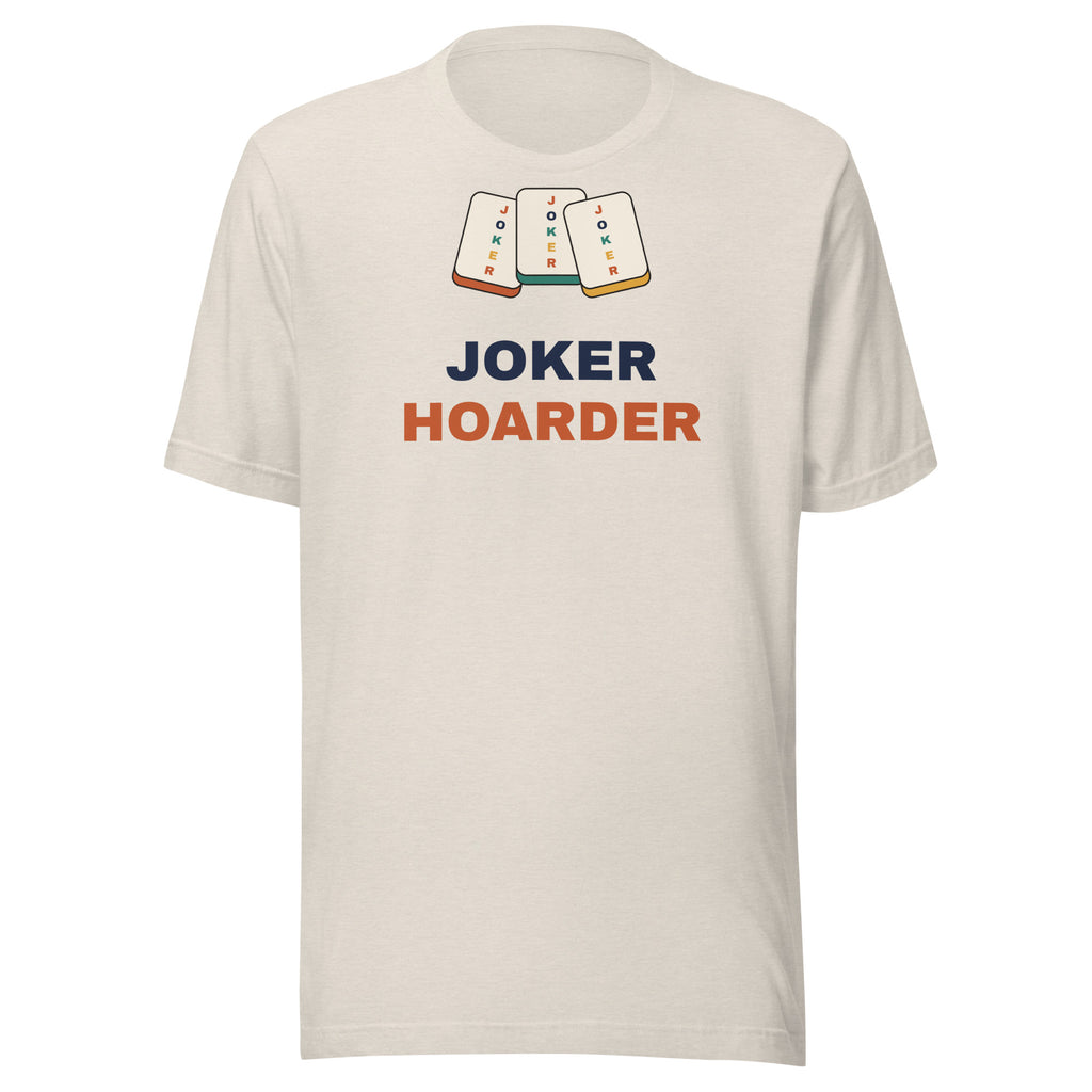 Joker Hoarder funny mahjong t-shirt in heather dust, front view with three joker tiles above the words Joker Hoarder