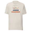 Joker Hoarder funny mahjong t-shirt in heather dust, front view with three joker tiles above the words Joker Hoarder